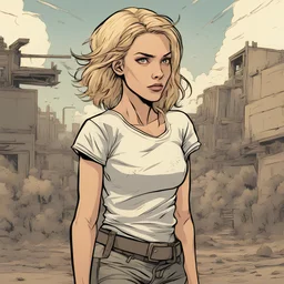 Portrait, brunette character with blond hair, t-shirt comic book illustration looking straight ahead, post apocalypse