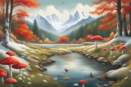 The image is divided vertically by a river, in which clocks flow instead of water. In the background are snow-covered mountains, on the left bank of the river an autumn forest with deciduous trees, and at the base of one of them a red mushroom with white spots. On the right bank of the river, a spring green meadow with wild flowers, butterflies fluttering, bunnies scurrying in sunshine. Watercolor on wet paper, soft strokes, shading pastel colors, reflection, mist, fog.