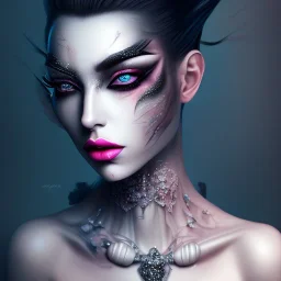 a ugly princess wearing a lot of makeup and painted nails, with pink lipstick and black eyeliner, dramatic, dramatic lighting, volumetric lighting, hyperrealism, 8k, high quality, photorealistic, lot of details