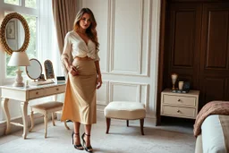 very beautiful sexy lady with beautful cream brown midi skirt and blouse standing in a luxury bedroom with high heels next to makeup desk looking to camera