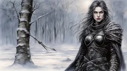 Hyper-photorealistic watercolor art style by Luis Royo , a warrior woman in black armor on the background of a cold snow-covered country, ice and crystal, frost and snow, hyperdetailed face, full body diagonal shot, encounters male bandits in dark fantasy countryside setting, absence of mysterious elements, dramatic lighting, ultrafine detail, octane rendering., by