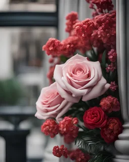 Capture a stunning image of a Nordic-inspired scene at 11 a.m. using a Leica Hermes Edition M7 camera. Focus on an intricate floral bouquet, and incorporate sophisticated composition, gestalt principles, and silver ratio proportions. Use volumetric lightning and crocoite colors to create a contemporary urban art gallery atmosphere. The image should be hyper-detailed, hyper-realistic, and eye-catching, showcasing the beauty of the floral bouquet and the sophisticated composition.
