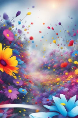 A field of colorful flower, the return to innocence, abstract, weird, childlike, chaos80, colors splash