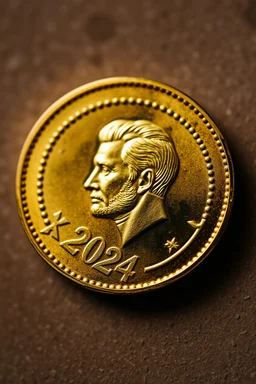 view of the word, Sam, Samarrrai , on a gold coin ,with picture of , man head , 2024 ,in the middle of the coin.