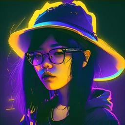 black purple hair asian hipster girl wearing black colored bucket hat with glasses yellow neon light