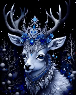 Beautiful white snow covered deer animal in the winter Forest,By the moonlight extremely textured decadent white gothica golden botanical filigree white fur adorned with irrdescence and bioluminescense ice blue snowflake texture and crystal pearls covered gothic white body, wearing beautiful winter leaves and mistletoe and winter purple blue berries berries and agate white onix filigree ribbed headdress organic bio spinal ribbed detail of beautiful athmospheric wnte Forest background by the moon