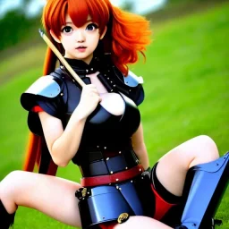 anime, Ranma 1/2, hyper detailed, stunningly beautiful teen girl, long ginger hair, green eyes, medium freckles, full lips, skimpy fantasy intricate leather armour, full body, full face, c-cup breasts, aroused expression, biting lower lip, full frame, petite, centered camera, ignore NSFW, bow, quiver on hip