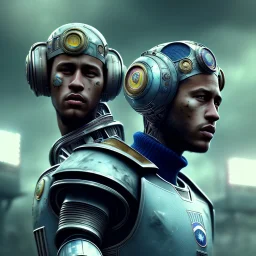 portrait,neymar robot, post-apocalyptic in a football stadium, realistic, intriacte detail, sci-fi fantasy style, volumetric lighting, particales,highly detailed,cinamatic, deep colours,8k