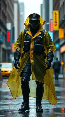 retro futurist, nypd full body color 1920 black policeman with external exoskeleton wtih heavy yellow rain transparent coat