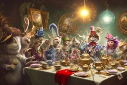 the mad hatter's tea party, long table, the mad hatter, the march hare, alice, the cheshire cat, alice in wonderland, signpost pointing in different directions, orbs of light, tea pot, teacup, film still