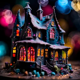 Detailed creepy house made of modeling clay, figures, naïve, Tim Burton, strong texture, extreme detail, Max Ernst, decal, rich moody colors, sparkles, Yves Tanguy, bokeh, odd