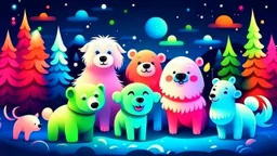 fantasy cartoon illustration: happy cute arctic animals looking Norther lights during Christmas party