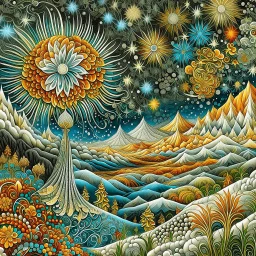 Vibrant, whimsical Mandelbrot fractal, winterly Tuscany landscape with frosted cypress trees, mountains, one single shooting star between clouds of silver and gold, richly textured acrylic ink and charcoal line art, in a zentangle style mix, blending Amanda Clark's fantastical elements and Catrin Welz-Stein's intricate details with Eyvind Earle's subtle earth tones and Georges Braque's bold geometri