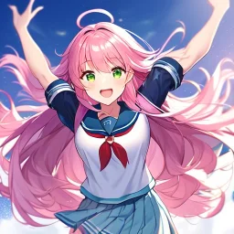 Clear focus,8k,Beatiful Lighting, pink long fluffy hair, long fluffy bangs, green eyes, wearing a sailor uniform, jumping, happy