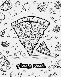 Coloring book, cartoon drawing, clean black and white, single line, white background, slice of pizza