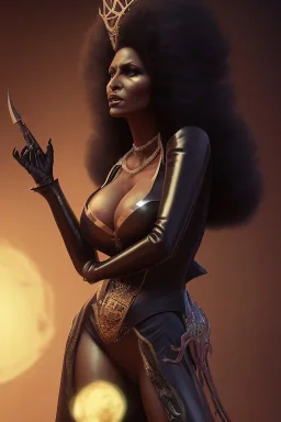 Pam Grier as evil queen in black leather, leather, busty, cleavage, angry, stern look. character design by cory loftis, fenghua zhong, ryohei hase, ismail inceoglu and ruan jia. unreal engine 5, artistic lighting, highly detailed, photorealistic, fantasy.