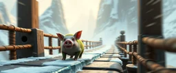 fast and clever little evil moss pig named on wild chase , on icy bridge, motion blur, standing by the guard rails, fantasy 3d realm