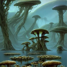 looking out over a lake, in an alien forest, flying mushrooms with jellyfish tenacles formed into gnarled trunks, Roger Dean