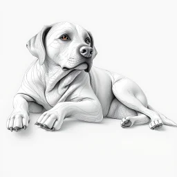 a black and white 3D image of a light brown labrador lying down, surreal and otherworldly, intricate linework, mind-bending composition, intricate patterns in the fur,masterful use of light and shadow,masterful use of light and shadow,masterful use of light and shadow, dreamlike quality, detailed linework akin to Moebius, intricate details, vibrant and contrasting colors, Artstation for showcasing.