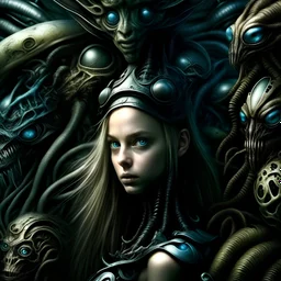 "Alice in Wonderland", with many weird creatures - art by H. R. Giger - ultra high quality, ultra sharp focus, high definition, high detail, highly detailed, ultra detailed, extremely detailed, intricate, colorful