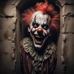 Hyper Realistic Zombie clown creepily smiling in dark catacombs with peeling rustic wall paint & a fiery pentagram