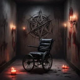 Hyper Realistic wheelchair on a satanic pentagram with candles in between of a dark hallway with peeling vintage wall paint & bloodied sword at night