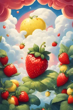An advertisement poster for a cartoon character, a strawberry, a lemon, and a fantasy cloud, and a dazzling background for a home and garden