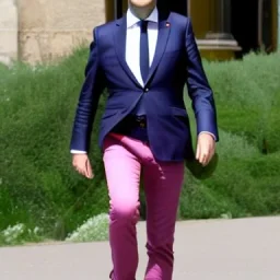 Emmanuel Macron in a pink dress full body photo