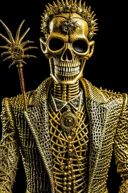 a skeleton in a suit holding a skull, with spikes, in the style of techno shamanism, made of wire, mixes realistic and fantastical elements, dracopunk, intricate costumes, splattered/dripped, close up