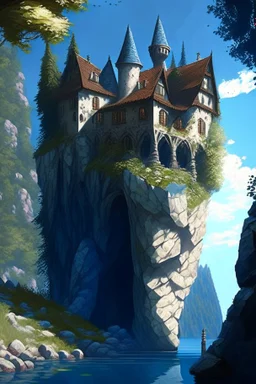 small gothic medieval house built into a rock face, rooms appear added on, lake, trees, arches, bridge, foliage, balconies, sunny blue sky