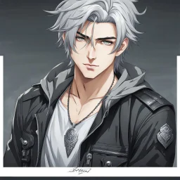 A stunningly detailed (((headshot portrait))), capturing the essence of a young man in his 20s with silver hair and piercing gray eyes, exuding a sense of confidence and protection, anime realism style