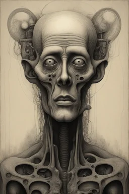 The full body of strange face on an old men , a thin line draw ، Siamese brothers with body front view camera, decayed and rotting with grotesque proportions and imagery. surreal horror, biomechanical design, by hr giger and beksinski , fine lines draw