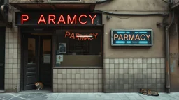 Facade of an old pharmacy with broken tiles and a faded neon sign. Urban pictorial realism, muted earthy palette, frontal composition. A sense of vivid memory and absence charged with presence. A cat dozes in the doorway.