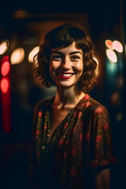 Photo of a happy women looking at camera, full body, wide shot, detailed skin, film photography, vintage, perfect body, cinematic lighting, realistic, sharp focus, very detailed, 4K HQ, depth of field, f/1.2, Leica, 8K HDR, High contrast, shadows, bokeh