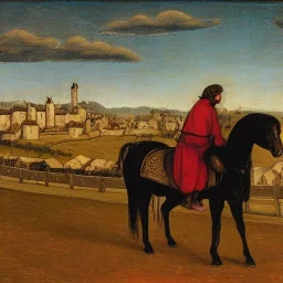 a man on a horse with a town in the background, medieval style