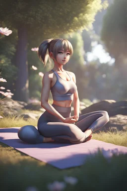 8k quality realistic image of a beautiful anime girl, doing yoga ,action, up close, 3d