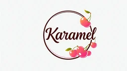 A round logo with a black and pink border named (karamel) designed for a sweet shop with a golden cherry and pink theme and a big birthday cake and some cherries hanging from the side of the logo on a white and pink background.