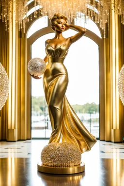 A magnificent cristal and gold heart-shaped sign adorned with a stunning berliant sphere encrusted with sparkling diamond clusters at its center, elegantly spinning in position,a golden statue of a girl in standing pose,wearing 1960 clothing