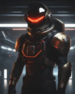 male astronaut intense golden red eyes, wearing Cyberpunk clothes, uniform with his arms made of metal, without helmet, realistc, against a dark background of inside a space station at night. detailed-eyes, details-face, details-lips,LuxuriousNeons Costume, silver dress,tape_clothes,tape,upshirt
