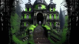 Decaying mansion embedded in pulsating radioactive rock, mutated moss glowing in the dark, chimneys belching unnaturally colored fumes, marble staircases stained by corrosive substances, trees petrified by pollution, rusty gates fused with poisonous crystals, dystopian environmental horror style