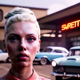 Ultra Realistic retro sci-fi burst Supermarket parking scene, 1960 year, blonde woman, sweet scarlet Johansson face, perfect iris, glow eyes, face makeup, tight latex coat; many panic people looking, Retro sci-fi style, soft color, highly detailed, unreal engine 5, ray tracing, RTX, lumen lighting, ultra detail, volumetric lighting, 3d, finely drawn, high definition, high resolution.