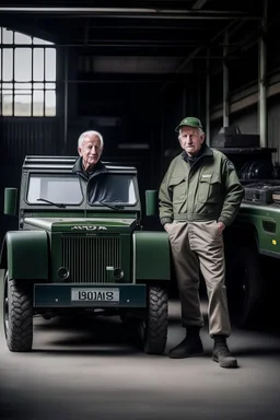 two haggard looking men working in a land rover warehouse