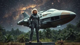 A full-body photorealistic image of an adventurous older woman from the future, dressed in a tailored, full-body spacesuit, stands proudly beside her huge cargo spaceship, no wings, standing on a metal box. Her untidy, blond hair has bangs, standing in a jungle clearing. The scene is framed by a cosmic expanse of stars and nebulas.