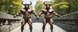 "double trouble", tip toe full body minotaur psionic master in threatening pose in swimsuit on stone bridge, front and back, Frognerparken