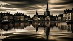 A serene and enchanting scene of an old European town reflected in a calm harbor water. The buildings are a mix of traditional and gothic architecture, with a church steeple standing tall and proud in the center. The cloudy sky above casts a soft, moody light over the town. The water's surface is unusually transparent, revealing the ancient, mysterious world hidden beneath. The bottom of the harbor is filled with remnants of history, including old ships, sunken treasures, and a myriad of colorfu