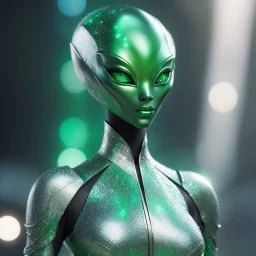 Focus on the figure of a green galactic female alien, her skin shimmering with iridescent green. Her eyes, large and multifaceted like precious gemstones, sparkle with a mischievous glint. Clad in a sleek silver suit that hugs her slender form, she moves with a grace that is otherworldly, her movements fluid and elegant. The suit seems to be woven from strands of liquid mercury, reflecting the ambient light in dazzling patterns that dance across its surface.