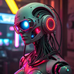 a feminine cyborg robot, cyberpunk, neon, aged
