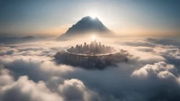 Photoreal magnificent floating halo-like city above the peak of an impossibly high mountain far above the clouds at golden hour by lee jeffries, otherworldly creature, in the style of fantasy movies, photorealistic, shot on Hasselblad h6d-400c, zeiss prime lens, bokeh like f/0.8, tilt-shift lens 8k, high detail, smooth render, unreal engine 5, cinema 4d, HDR, dust effect, vivid colors