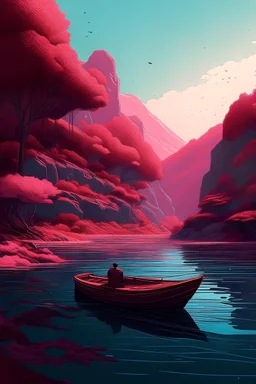 a painting of a boat on a body of water, by Mike "Beeple" Winkelmann, generative art, magenta trees, high texture detail), ffffound, kilian eng. mœbius, hillside, detail render, 7 0 s visuals