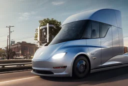 A Tesla 'Semi' (semi truck) is going at a high speed, on the streets of New Orleans. (CINEMATIC, WIDE ANGLE LENS, PHOTO REAL)